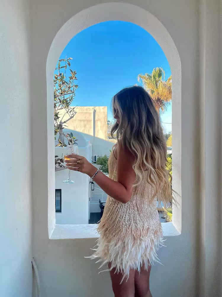 Robe Mini À Franges Et Bretelles Femme