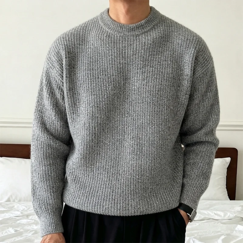 Pull en Maille Côtelée à Col Rond Homme