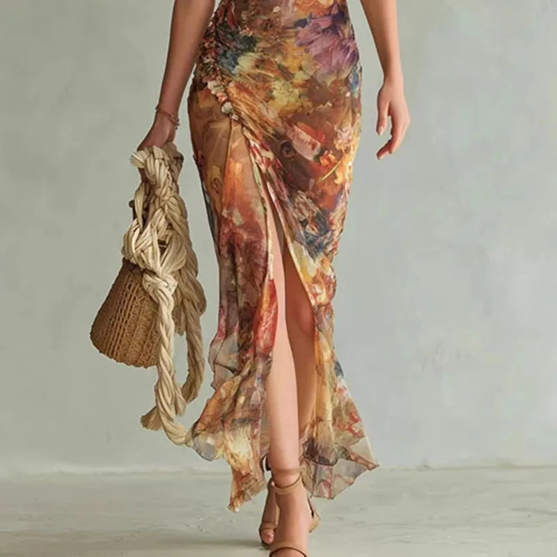 Robe Maxi Fleurie Froncée Femme