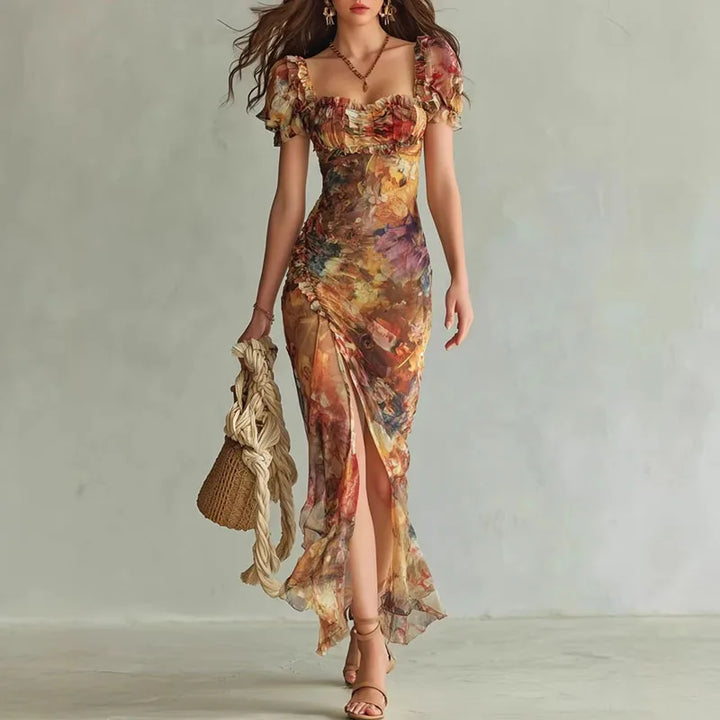 Robe Maxi Fleurie Froncée Femme