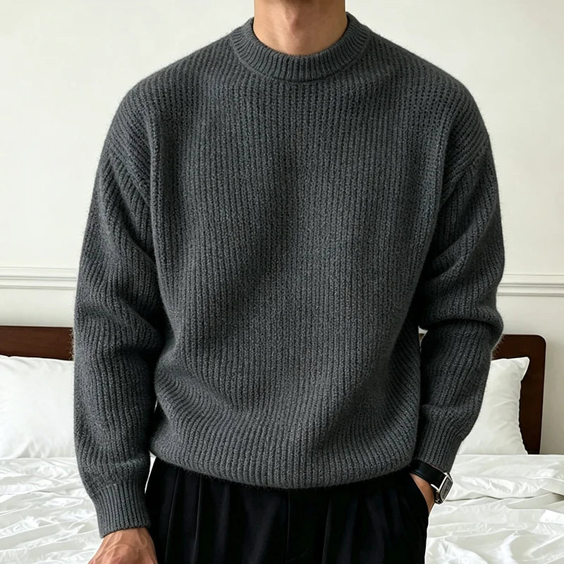 Pull en Maille Côtelée à Col Rond Homme