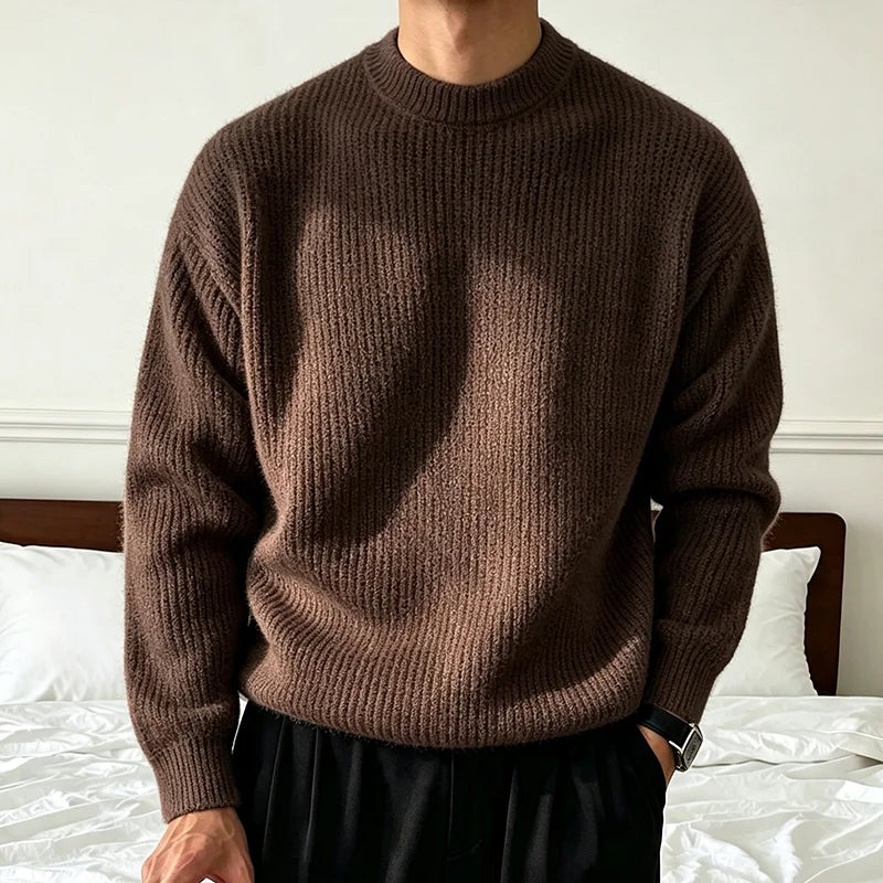 Pull en Maille Côtelée à Col Rond Homme