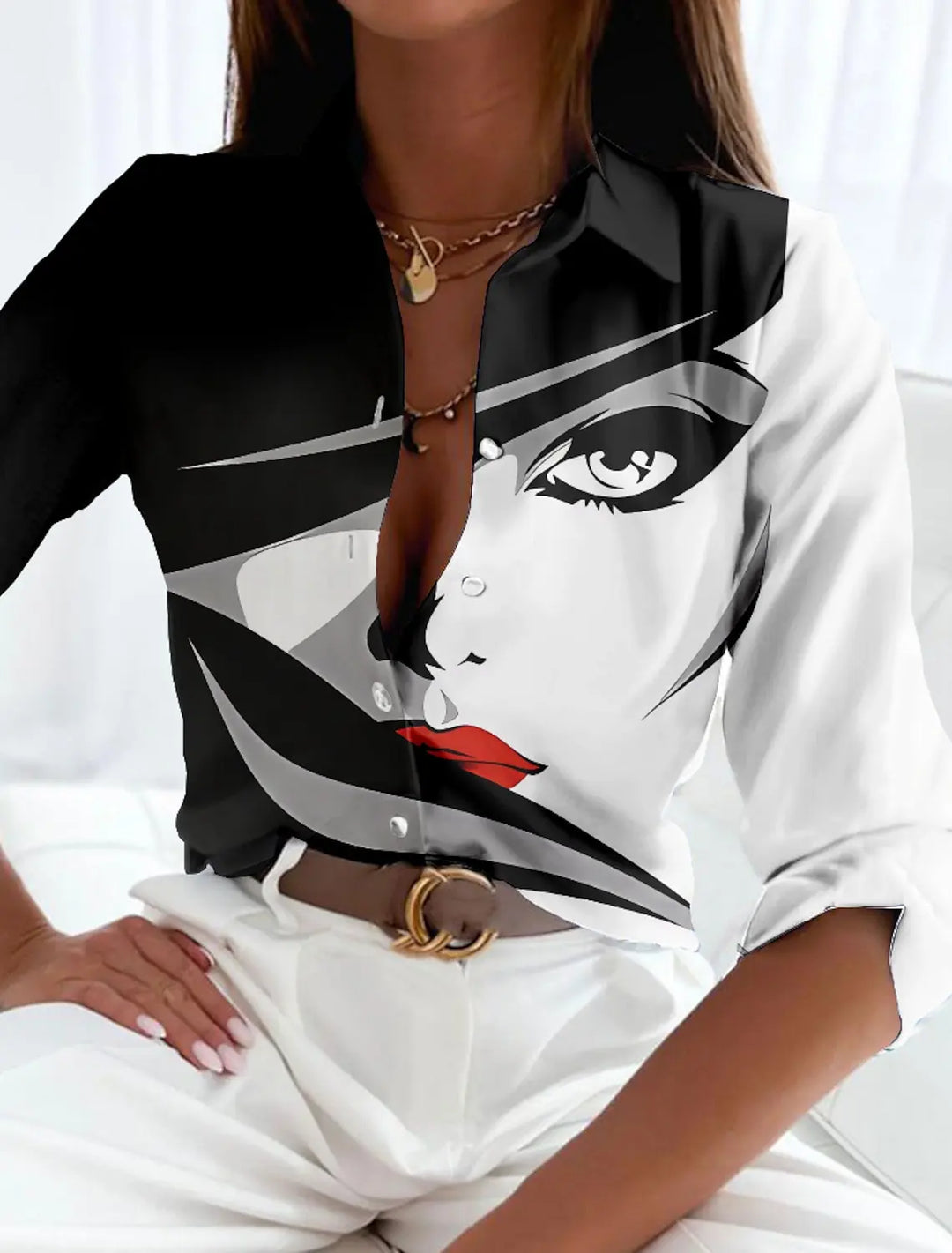 Chemise À Imprimé Géométrique Et Manches Longues Femme