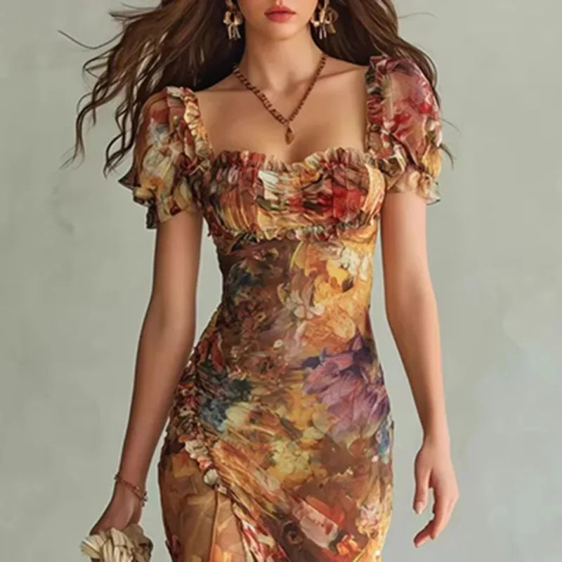 Robe Maxi Fleurie Froncée Femme
