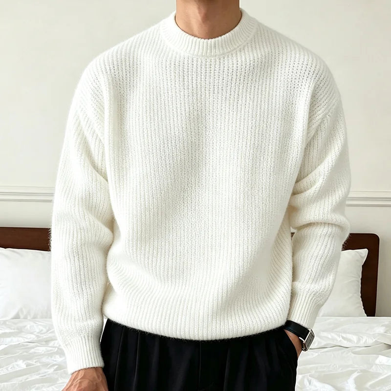 Pull en Maille Côtelée à Col Rond Homme