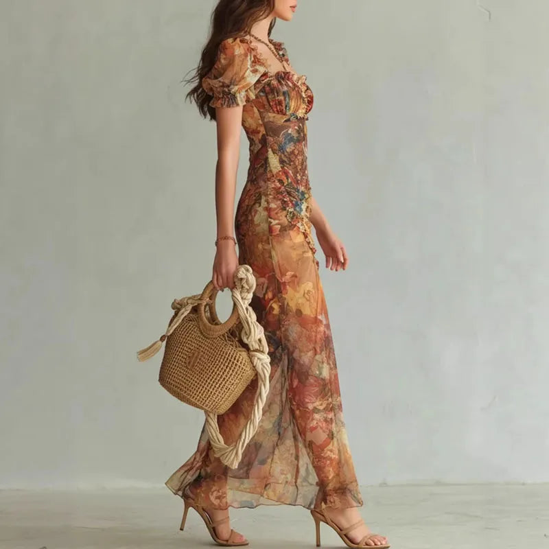 Robe Maxi Fleurie Froncée Femme