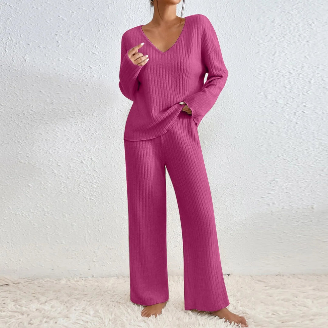 Ensemble Maille Col V et Pantalon Large Femme
