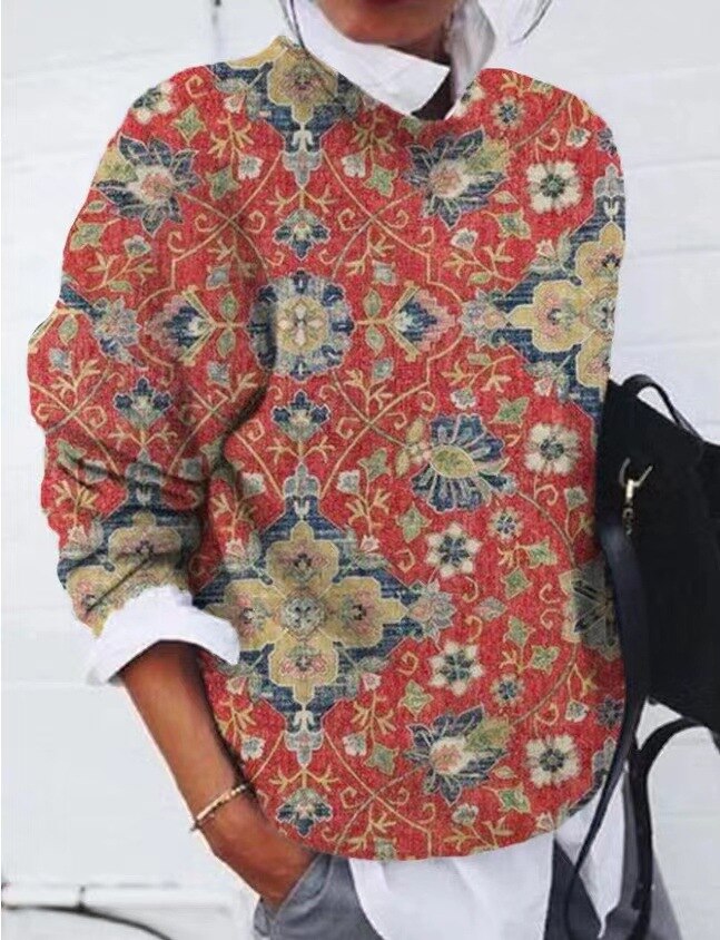 Pull à Motif Floral Col Rond Femme