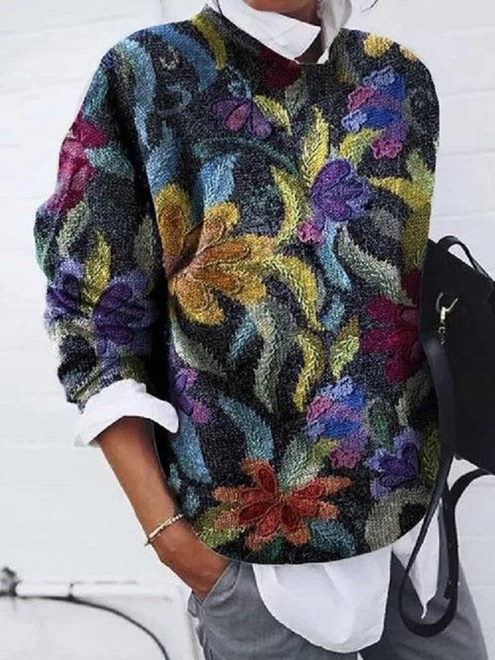 Pull à Motif Floral Col Rond Femme