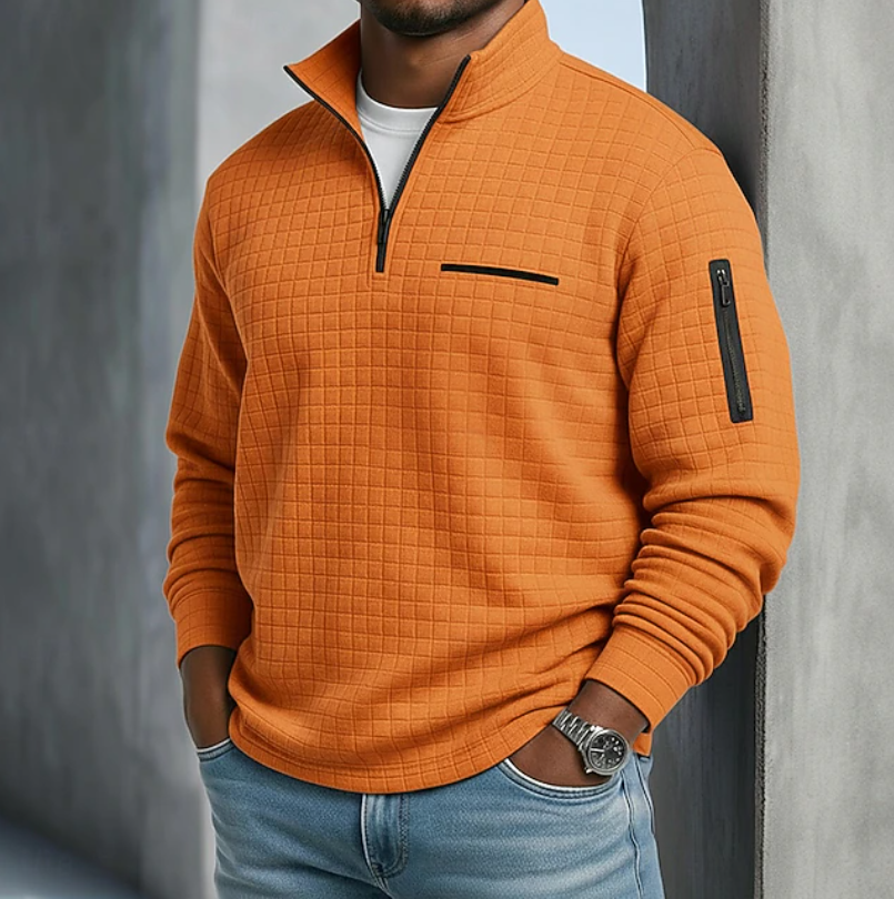 Pull à Col Montant Zippé et Motif Quadrillé Homme