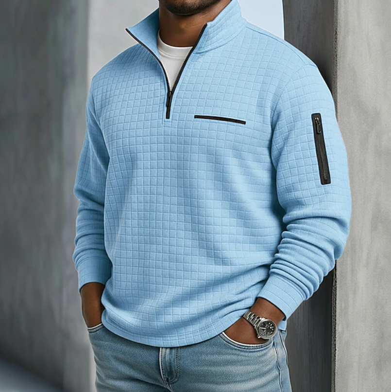 Pull à Col Montant Zippé et Motif Quadrillé Homme