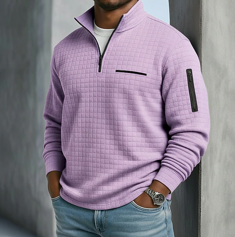 Pull à Col Montant Zippé et Motif Quadrillé Homme