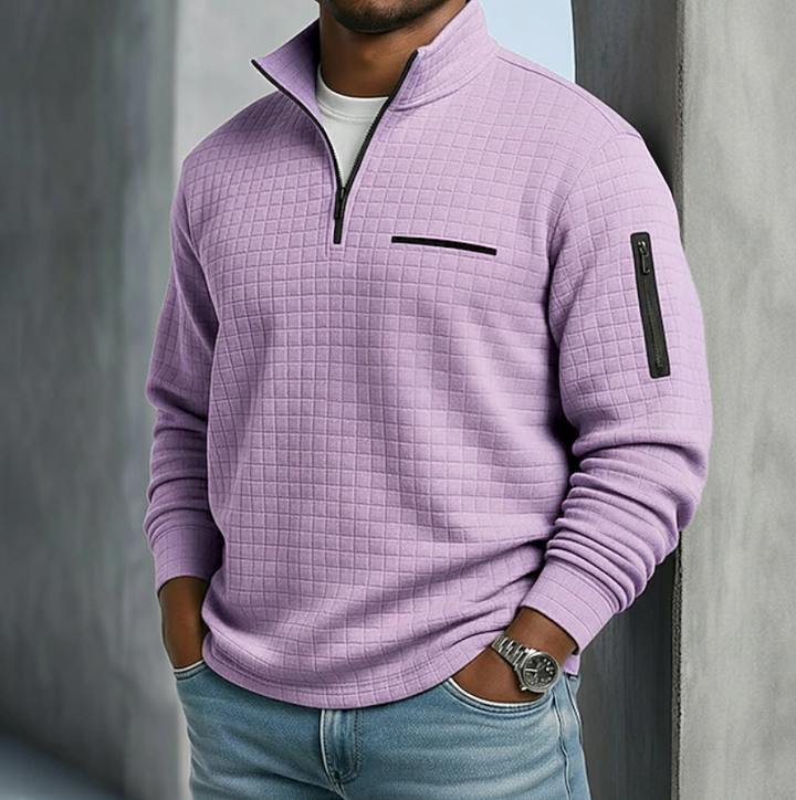 Pull à Col Montant Zippé et Motif Quadrillé Homme