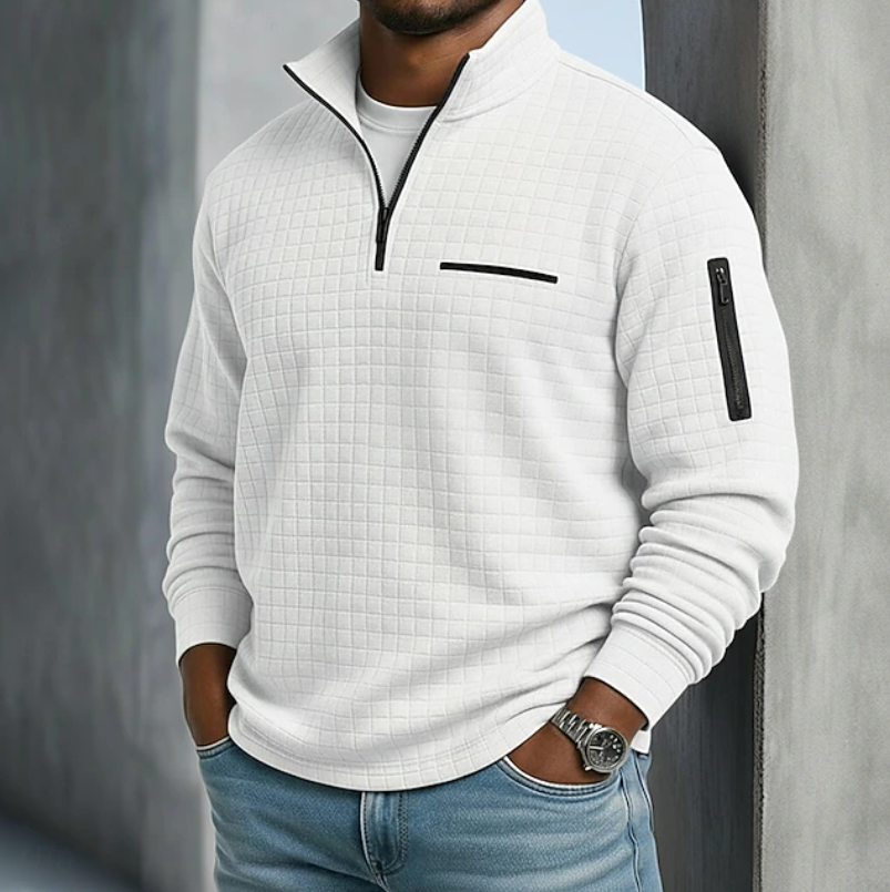 Pull à Col Montant Zippé et Motif Quadrillé Homme
