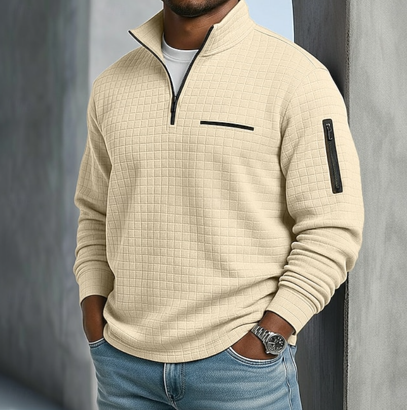 Pull à Col Montant Zippé et Motif Quadrillé Homme