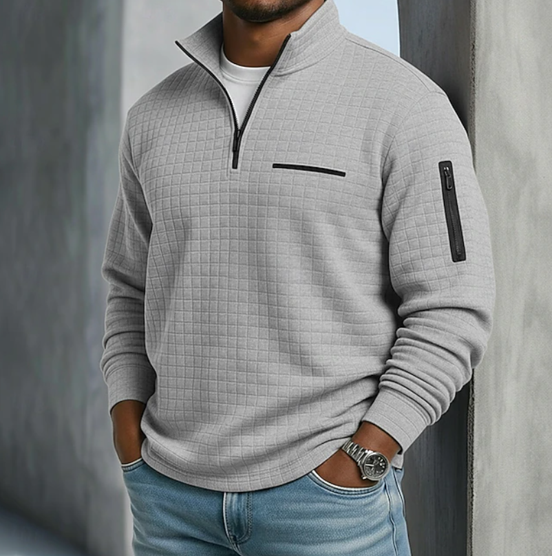 Pull à Col Montant Zippé et Motif Quadrillé Homme