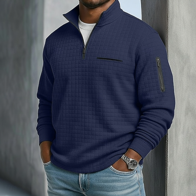 Pull à Col Montant Zippé et Motif Quadrillé Homme