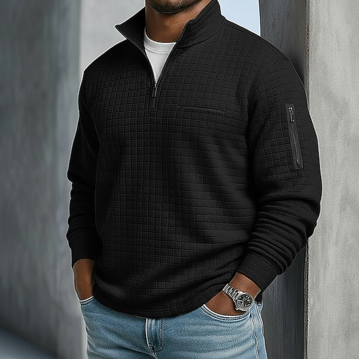 Pull à Col Montant Zippé et Motif Quadrillé Homme