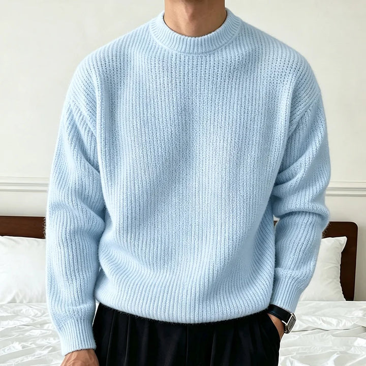 Pull en Maille Côtelée à Col Rond Homme