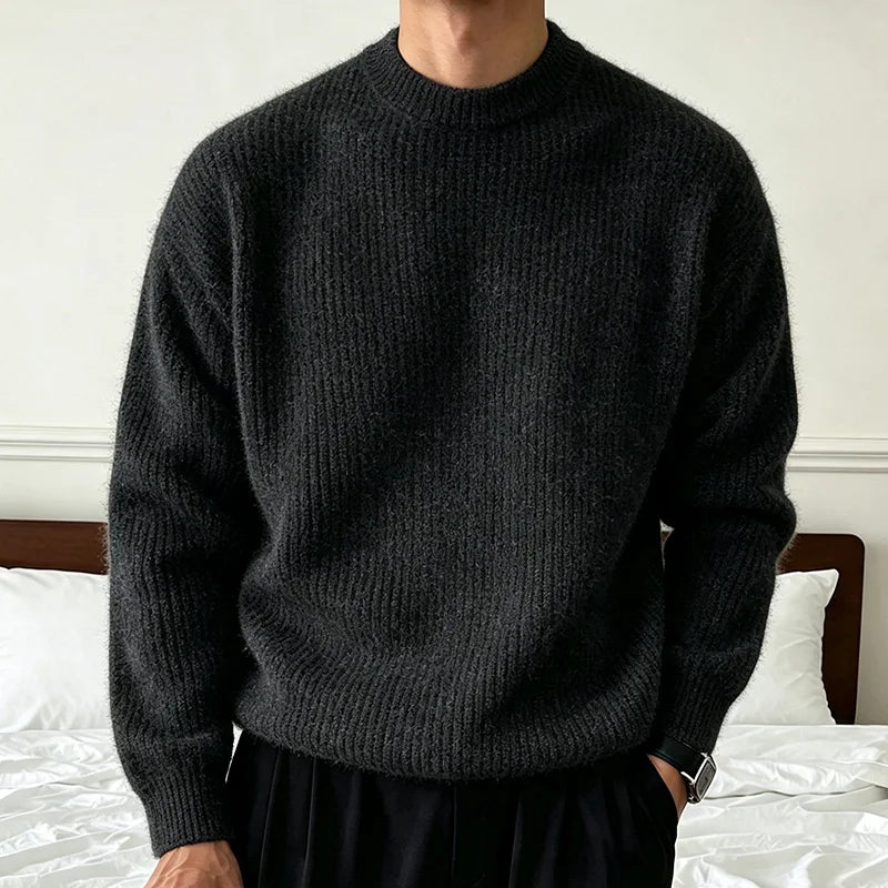 Pull en Maille Côtelée à Col Rond Homme