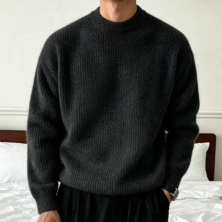 Pull en Maille Côtelée à Col Rond Homme