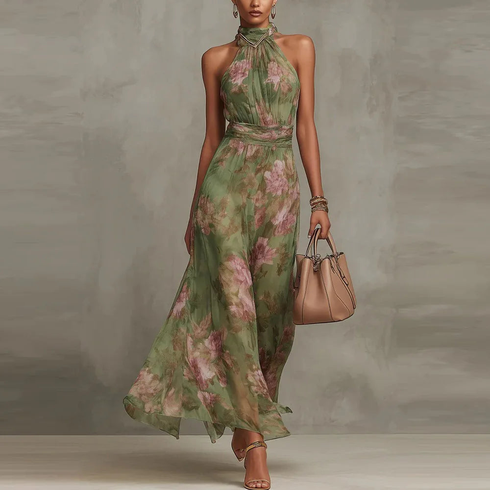 Robe Maxi Fleurie Col Halter Femme