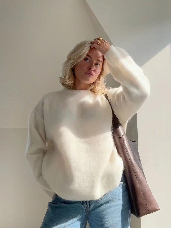 Pull Oversize Duveteux à Col Rond Femme