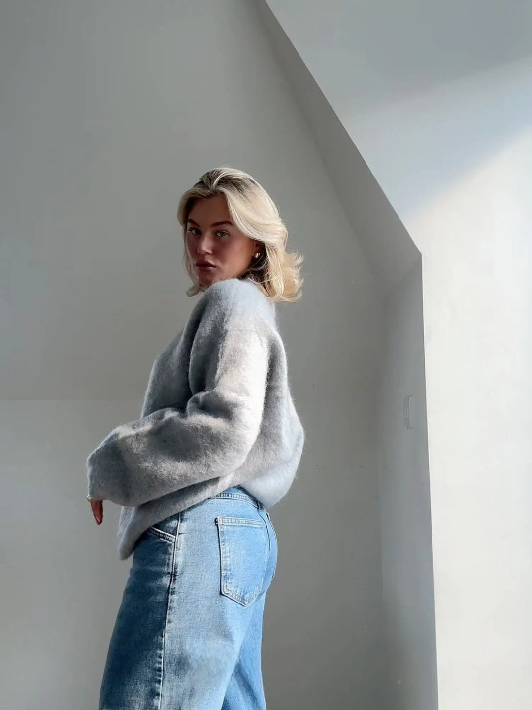 Pull Oversize Duveteux à Col Rond Femme