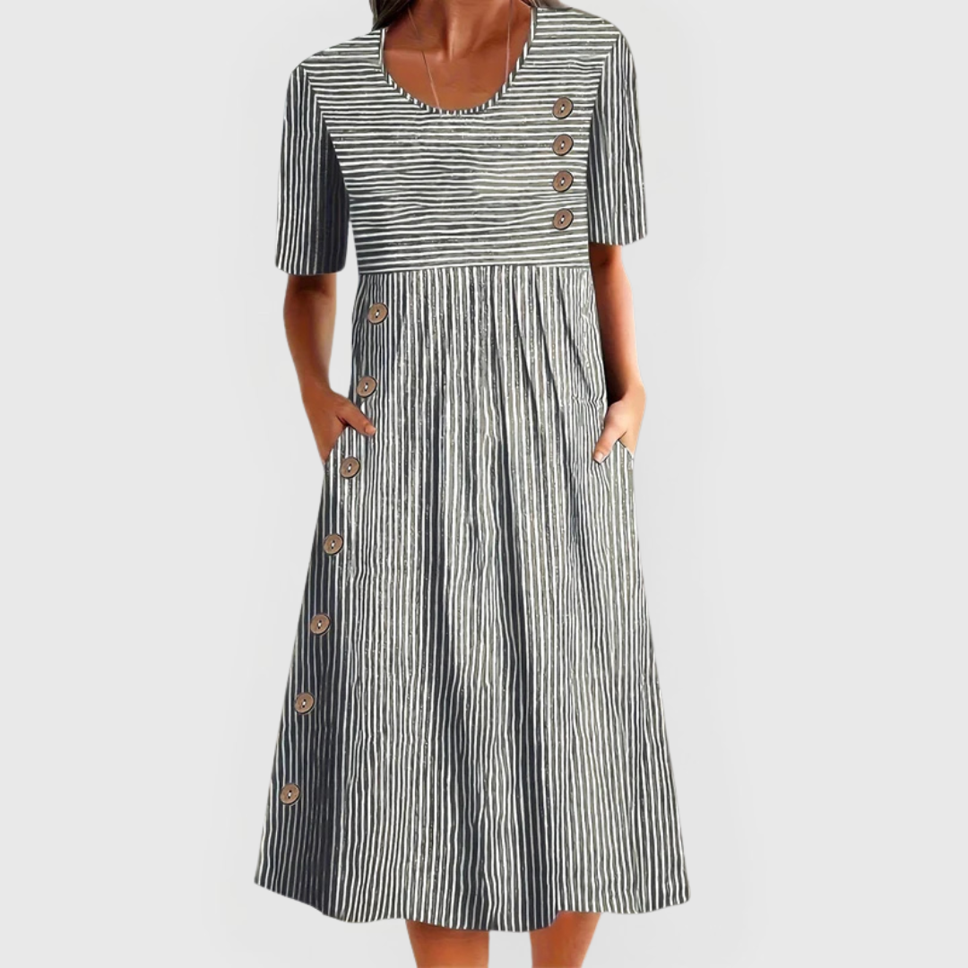 Robe Midi Rayée à Manches Courtes Femme