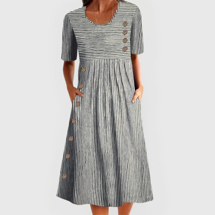 Robe Midi Rayée à Manches Courtes Femme