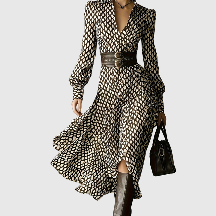 Robe Midi Imprimée à Manches Longues Femme