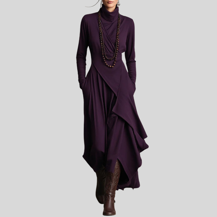 Robe Longue Asymétrique à Col Montant Femme