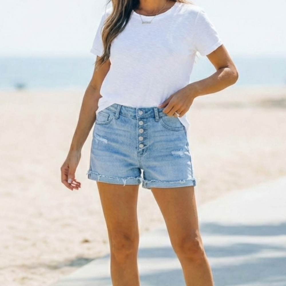 Short Jean Taille Haute À Boutons Femme