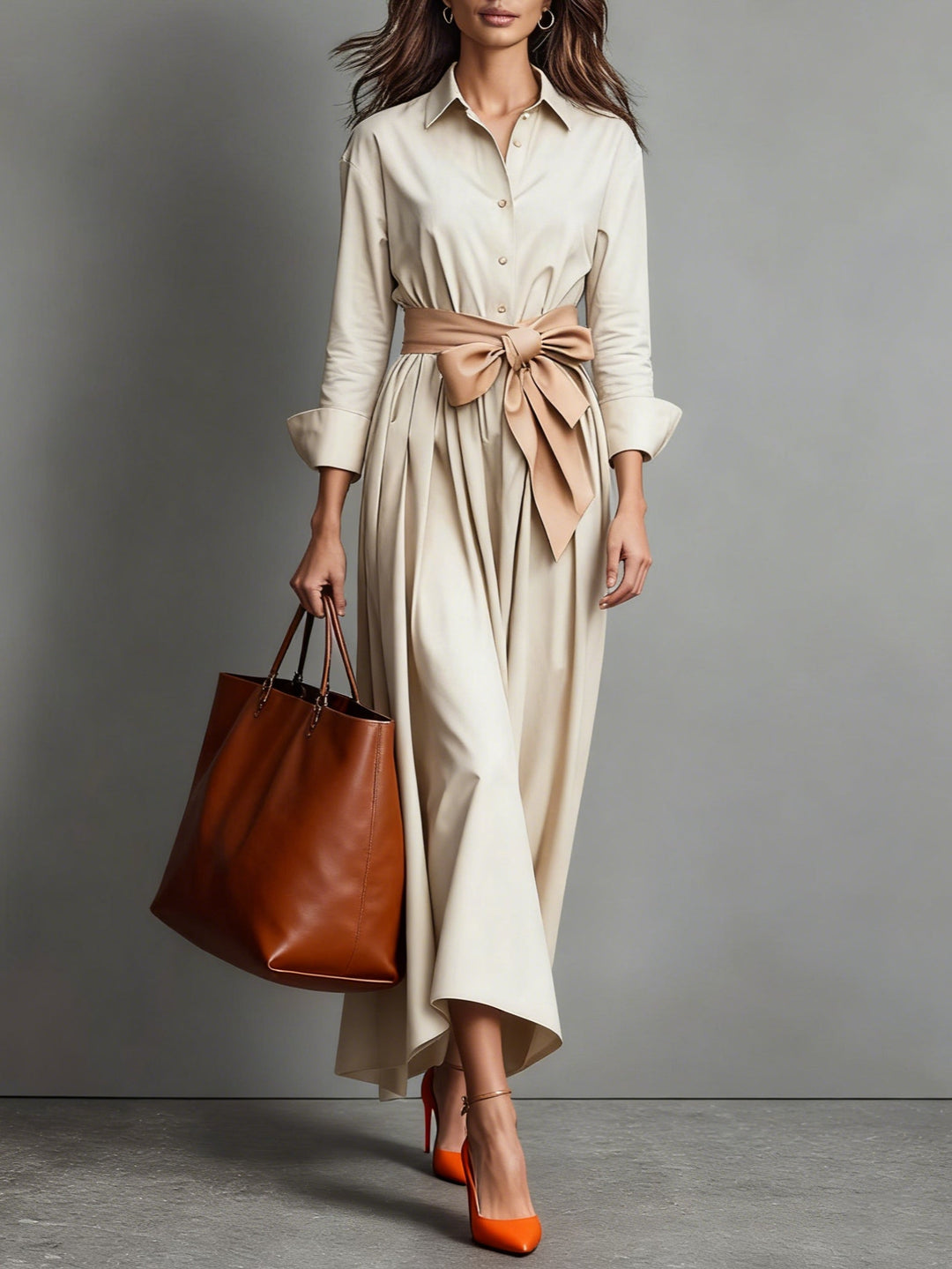 Robe Chemise Midi avec Ceinture à Nouer Femme