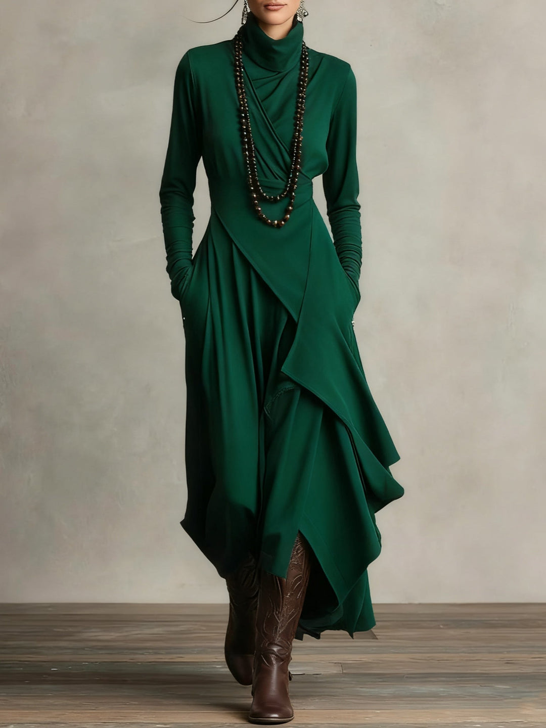 Robe Longue Asymétrique à Col Montant Femme