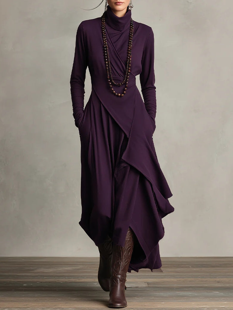 Robe Longue Asymétrique à Col Montant Femme