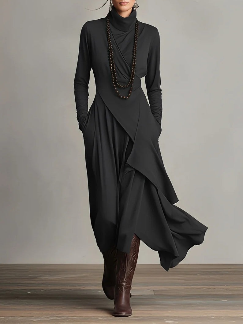 Robe Longue Asymétrique à Col Montant Femme