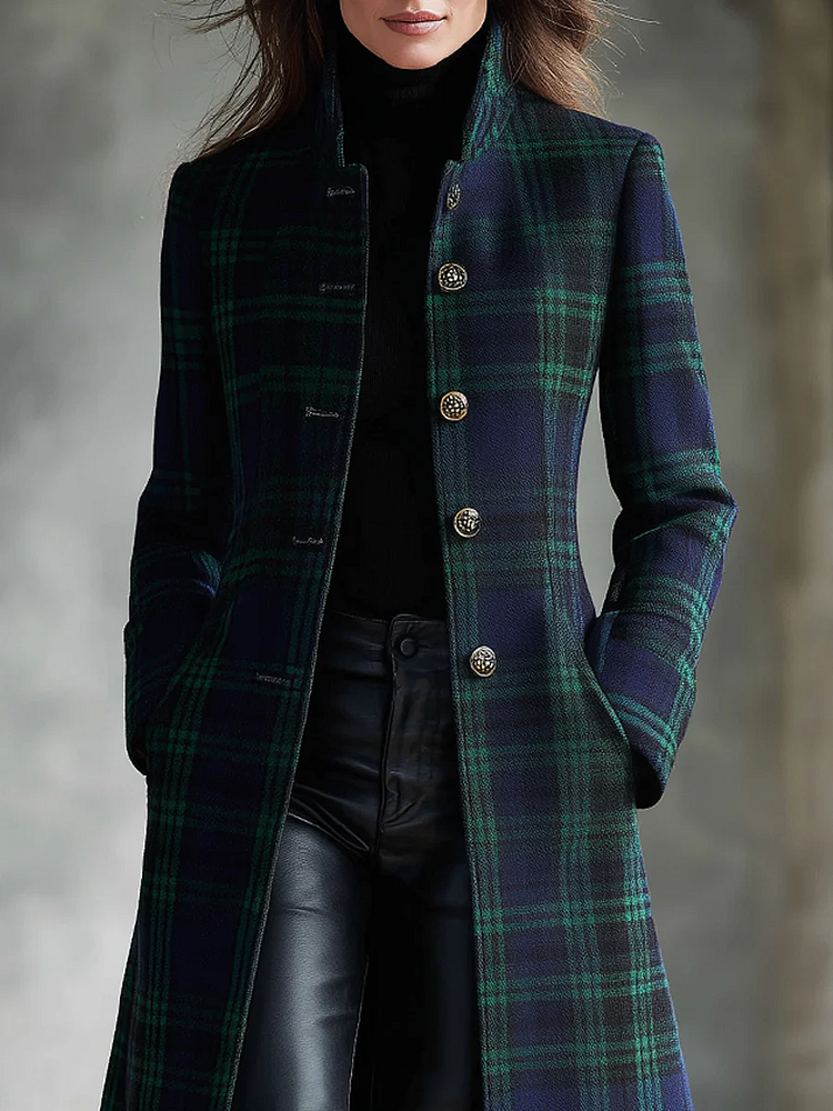 Manteau Long À Carreaux Col Montant Femme
