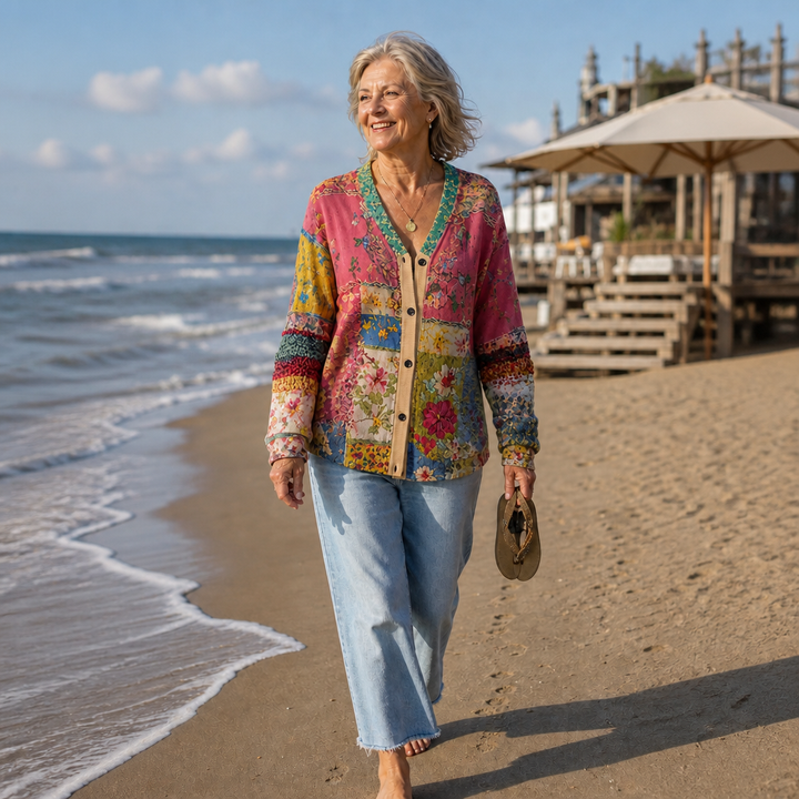 Cardigan Fleuri Boutonné à Manches Longues Femme
