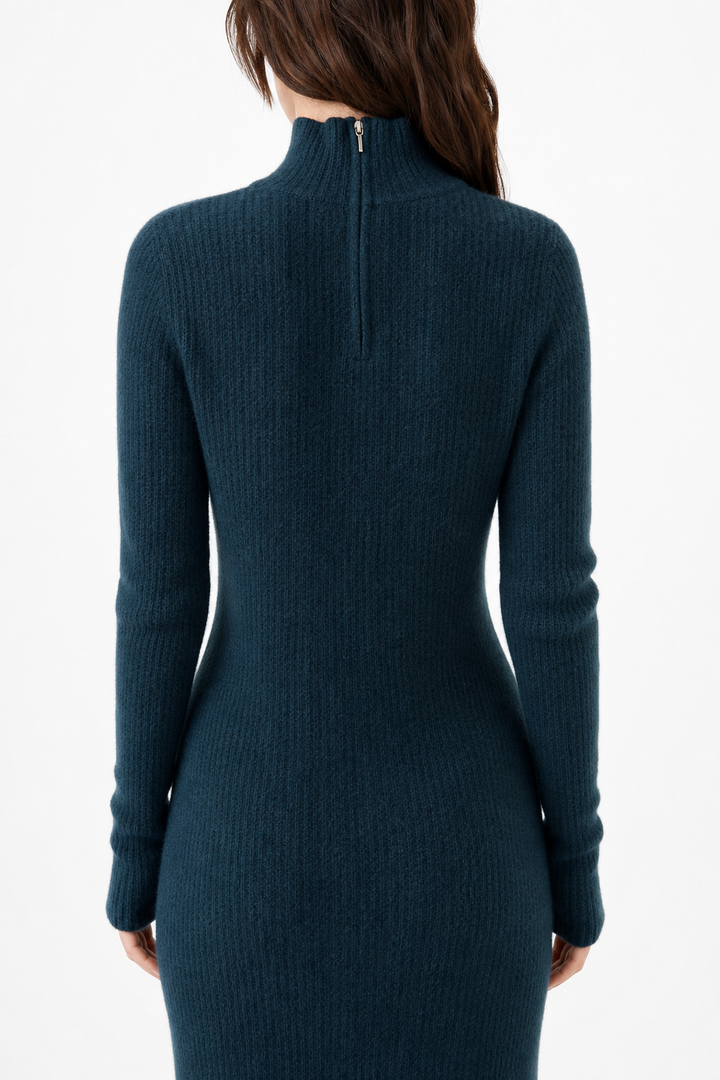 Robe Midi Côtelée col Montant Femme