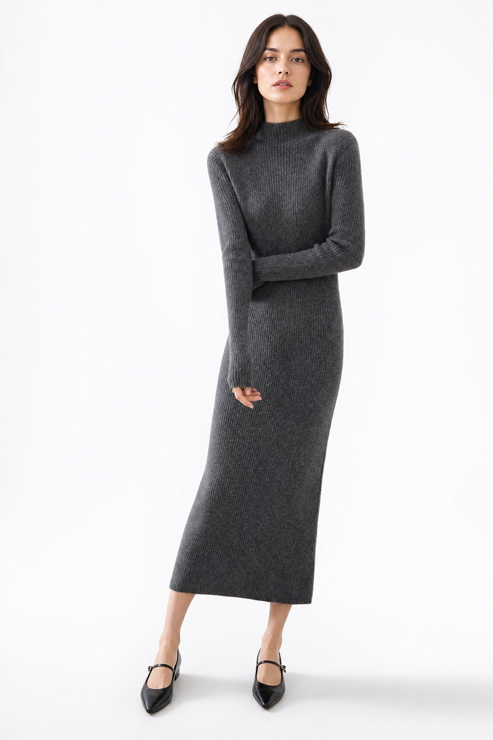 Robe Midi Côtelée col Montant Femme