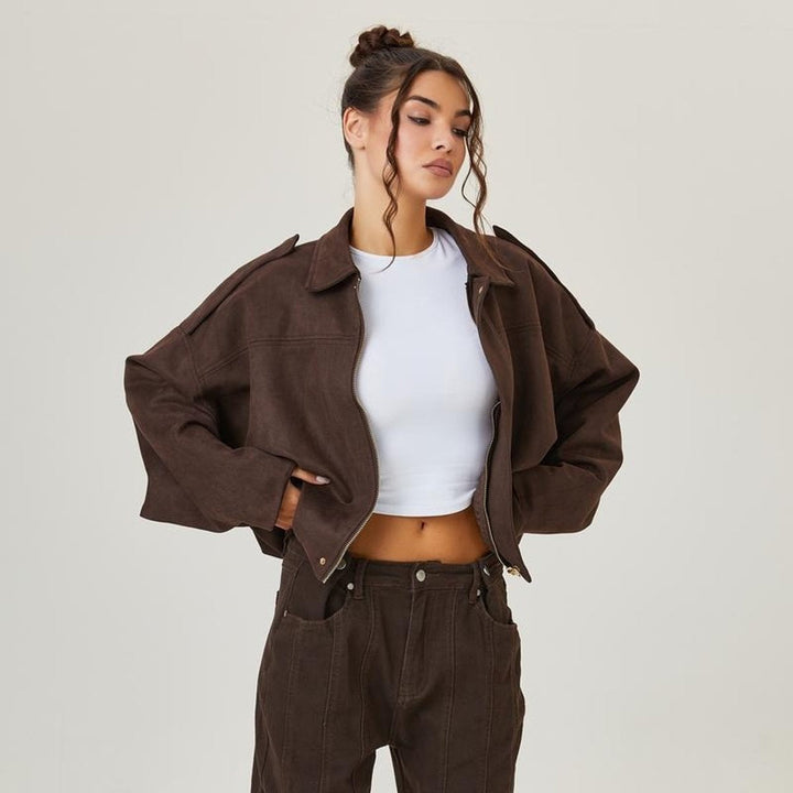 Veste Courte Zippée à Col Chemise Femme