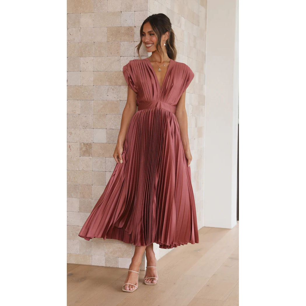 Robe Midi Plissé Soleil Décolleté V Femme