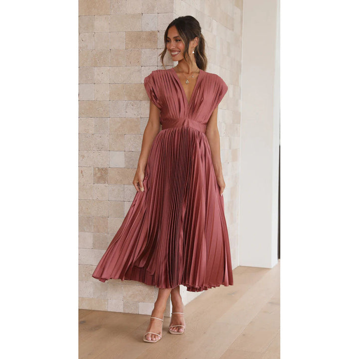 Robe Midi Plissé Soleil Décolleté V Femme
