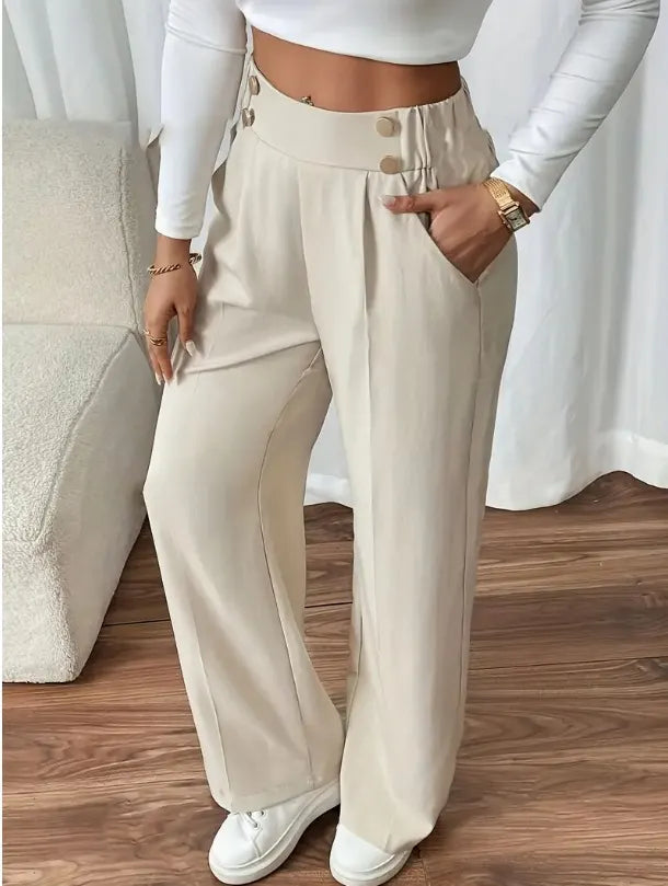Pantalon Large Taille Haute À Boutons Décoratifs Femme