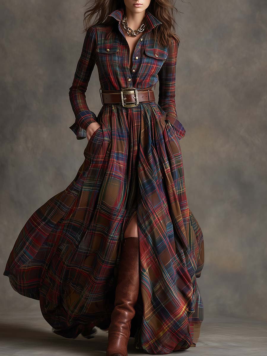 Robe Longue Chemise à Carreaux Femme