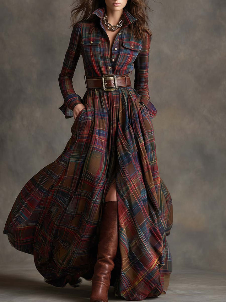 Robe Longue Chemise à Carreaux Femme