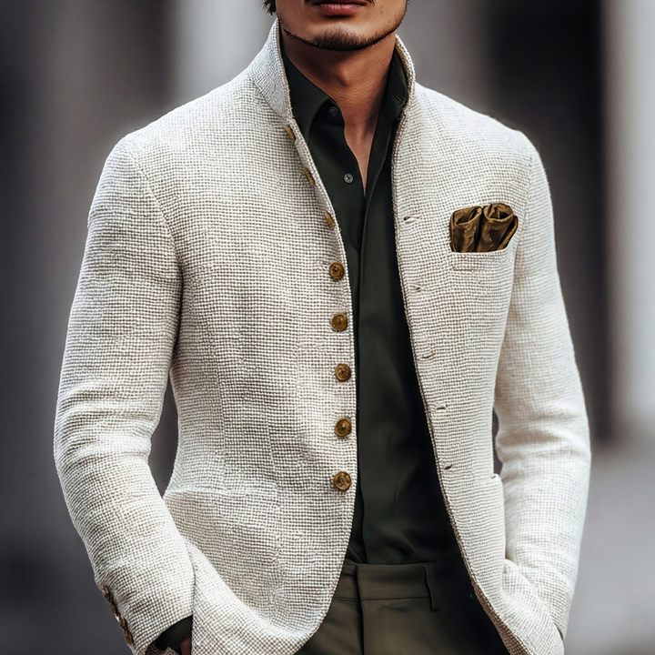 Blazer Texturé à Col Montant Boutonné Homme