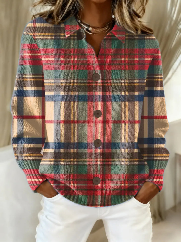 Cardigan à Carreaux Boutonné Col Chemise Femme