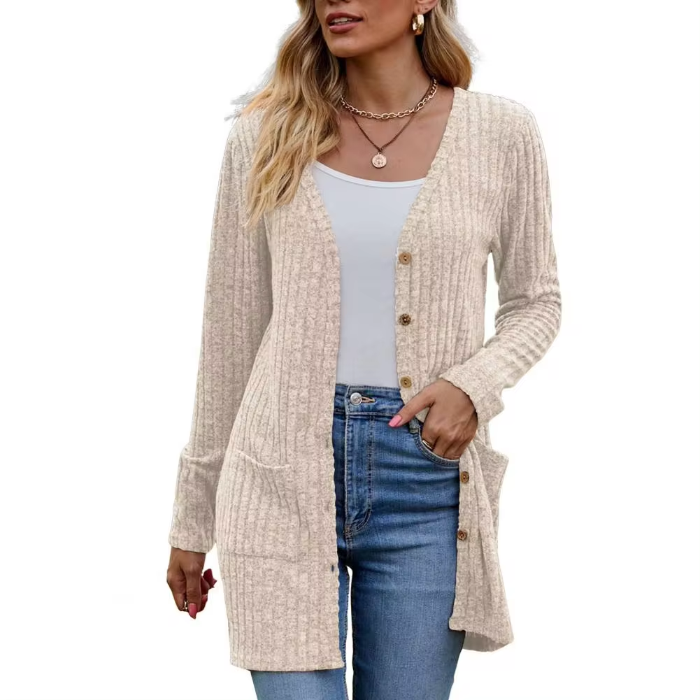 Gilet Long Côtelé Boutonné Femme